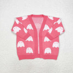 GT0650 Halloween Ghost Pink Knit Sweater Cardigan Girl's Coat