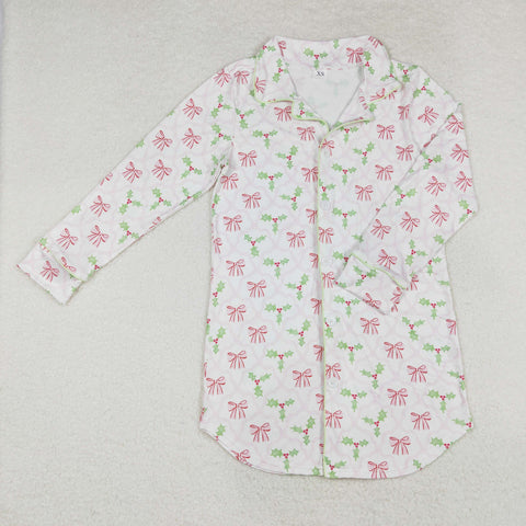 GT0661 Christmas Tie Bow Green Sleep weer Adult's Shirt Dress