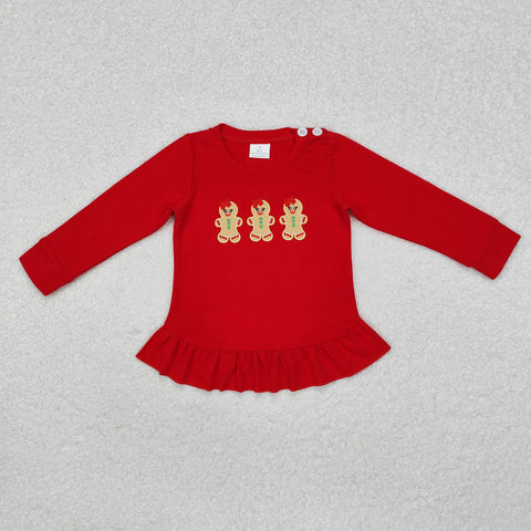 GT0702 Embroidery Christmas Gingerbread Red Kids Girls Shirt Top