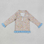 GT0722 Flower Floral Sky Blue Kids Girls Zip Pullover