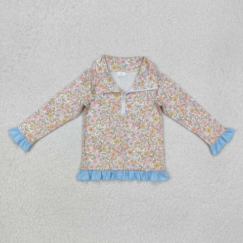 GT0722 Flower Floral Sky Blue Kids Girls Zip Pullover