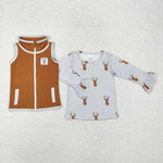 GT0742 Embroidery Hunting Elk 2 pcs set Kids Girl Zipper Vest Top