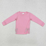 GT0872 Embroidery Bows Flower Pink Cute Kids Girls Shirt Top