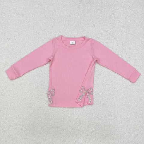 GT0872 Embroidery Bows Flower Pink Cute Kids Girls Shirt Top