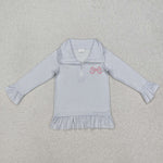 GT0886 Embroidery Cute Bows Blue Stripe Kids Girls Zipper Pullover