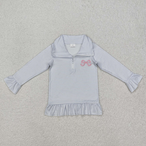 GT0886 Embroidery Cute Bows Blue Stripe Kids Girls Zipper Pullover