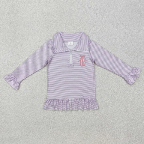 GT0887 Embroidery Cute Ballet shoes Purple Stripe Kids Girls Zipper Pullover