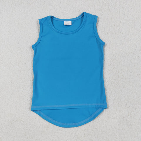 GT0986 Blue Solid Color Yoga Sports Kids Girls Shirt Top