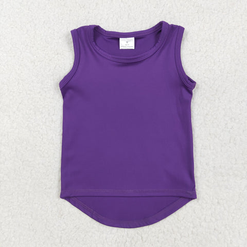 GT0996 Dark Purple Solid Color Yoga Sports Kids Girls Shirt Top