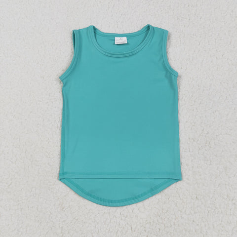 GT1018 Blue Green Solid Color Yoga Sports Kids Girls Shirt Top
