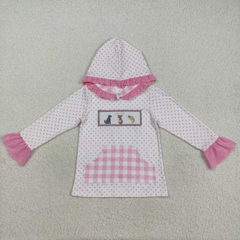 GT1106 Embroidery Hunting Dog Mallard Ducks Pink Hoodie Kids Girls Pullover