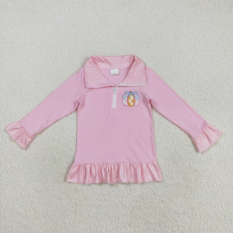 GT1112 Embroidery Pumpkin Bows Pink Zipper Kids Girls Pullover