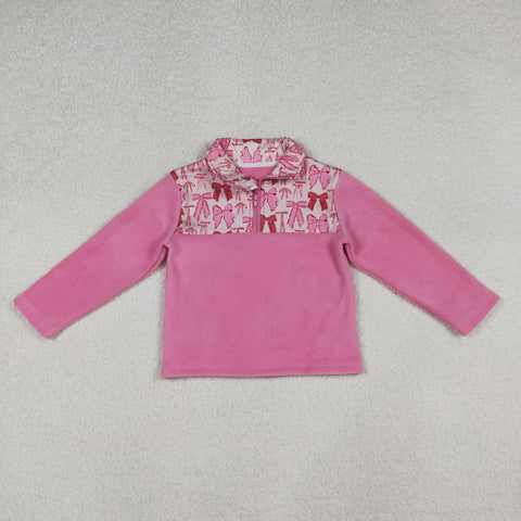 GT1149 Coquette Bows Pink Sherpa Zipper Kids Girls Pullover