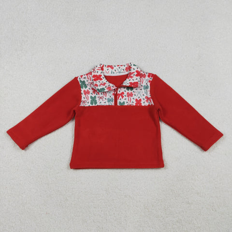 GT1150 Christmas Bows Red Sherpa Zipper Kids Girls Pullover