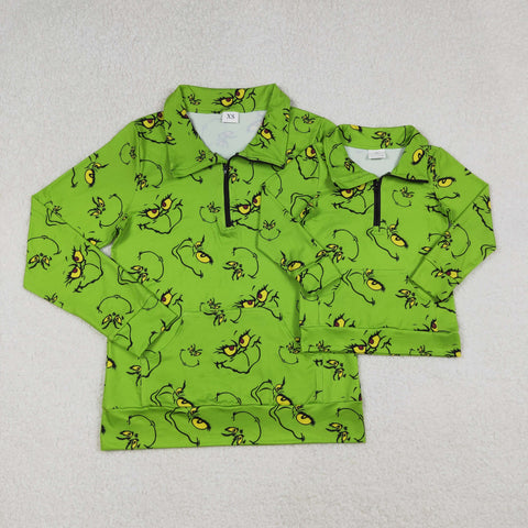 Christmas Mommy And Me Green Cartoon Zipper Pullover Shirt Top