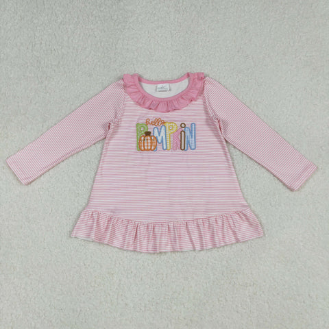 GT1183 Embroidery Pumpkin Stripe Pink Girls Shirt Tunic