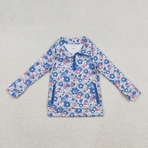GT1192 Flower Floral Blue Yoga Zipper Kids Girls Pullover