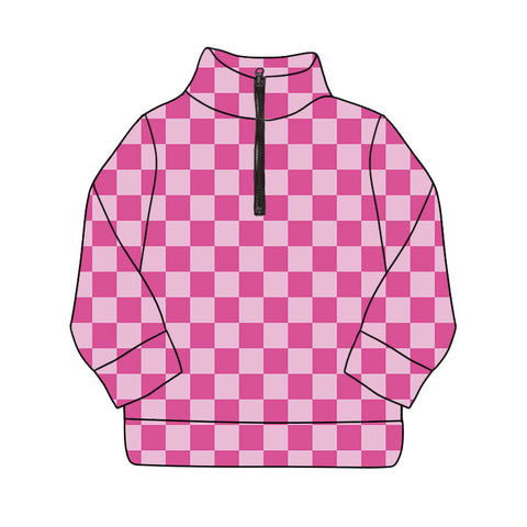 Preorder GT1209 Pink Plaid Yoga Kids Zipper Pullover Shirt Top (Deadline 2025.9.23)