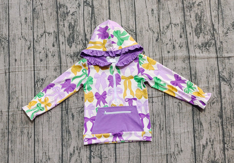 Preorder Samples GT1222 Mardi Gras Bows Purple Kids Hoodie Zipper Pullover