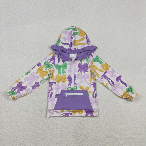 GT1222 Mardi Gras Bows Purple Kids Hoodie Zipper Pullover