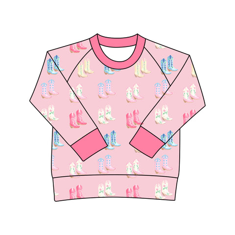 Preorder 10.06 MOQ 5 pcs GT1238 Western Boots Pink Kids Girls Shirt Top