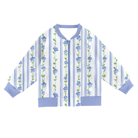 Preorder 10.09 MOQ 5 pcs GT1248 Flower Stripe Blue Hoodie Kids Girls Zipper Coat