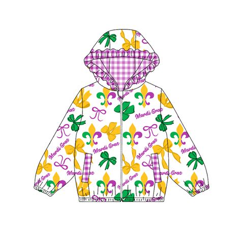 Preorder 10.10 MOQ 5 pcs GT1250 Mardi Gras Bows Hoodie Kids Girls Zipper Coat