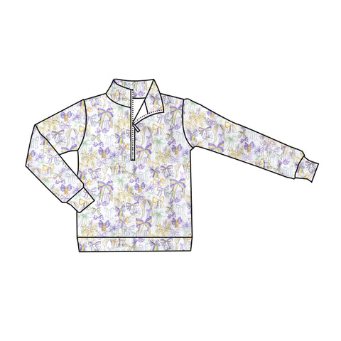 Preorder 10.13 MOQ 5 pcs GT1251 Mardi Gras Coquette Bows Purple Kids Zipper Pullover