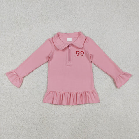 GT1270 Embroidery Bows Pink Girls Zipper Pullover