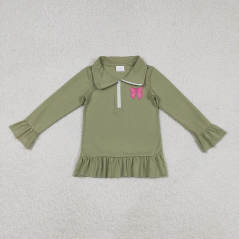 GT1272 Embroidery Bows Amry Green Girls Zipper Pullover