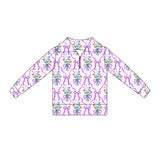 Preorder 11.17 MOQ 5 pcs GLD1416 Flower Bows Purple Yoga Pullover Girls Skorts Set