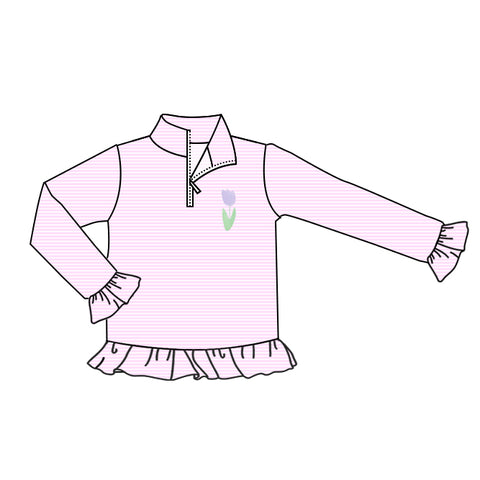 Preorder 11.25 MOQ 5 pcs GT1392 Tulip Flower Pink Stripe Girls Zipper Pullover