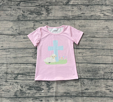 Preorder Samples GT1394 Easter Cross Sheep Pink Kids Girls Shirt Top