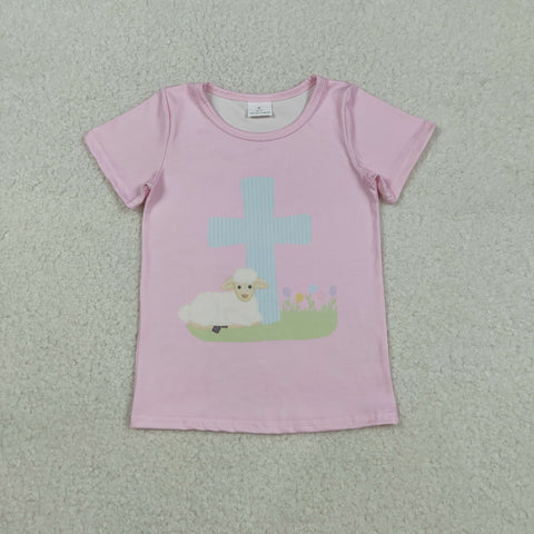 GT1394 Easter Cross Sheep Pink Kids Girls Shirt Top