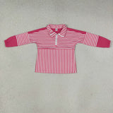 GT1715 Rose Red Stripe Yoga Zipper Polo Pullover Kids Girls Shirt Top