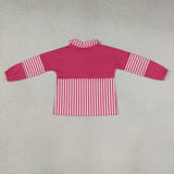 GT1715 Rose Red Stripe Yoga Zipper Polo Pullover Kids Girls Shirt Top