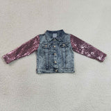 SALE  GT1731 Fashion Sequins Pink Denim Jacket With Tassel