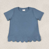 GT1769 Solid Color Blue Scallop Edge Kids Girls Shirt Top