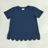RTS GT1773 Solid Color Dark Blue Scallop Edge Kids Girls Shirt Top