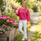 GT1796 Thick Sweatshirts Pink Plaid Rose Red Middle Neckline Adult Women's Shirt Pullover