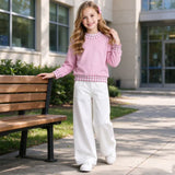 GT1798 Thick Sweatshirts Light Pink Plaid Middle Neckline Pullover