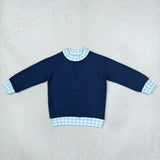GT1801 Thick Sweatshirts Blue Plaid  Middle Neckline Navy Pullover