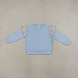 GT1843 Solid Color Stripe Ruffles Blue Kids Girls Shirt Top