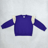 GT1846 Solid Color Stripe Ruffles Dark Purple Kids Girls Shirt Top