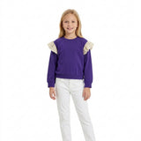 GT1846 Solid Color Stripe Ruffles Dark Purple Kids Girls Shirt Top
