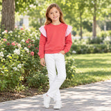 GT1848 Solid Color Stripe Ruffles Rose Red Kids Girls Shirt Top
