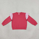 GT1848 Solid Color Stripe Ruffles Rose Red Kids Girls Shirt Top