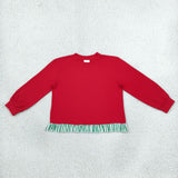 GT1935 Christmas Solid Red Ruffles Pullover Girls Shirt Top