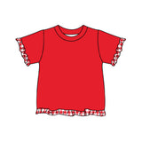 Preorder MOQ 5 pcs GSPO2408 Solid Color Plaid Ruffle Red Girls Set