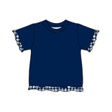 Preorder MOQ 5 pcs GSPO2409 Solid Color Plaid Ruffle Navy Girls Set